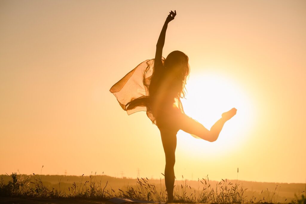 Blog woman, silhouette, yoga, nature, pose, sunset, young woman, dance, sky, sun